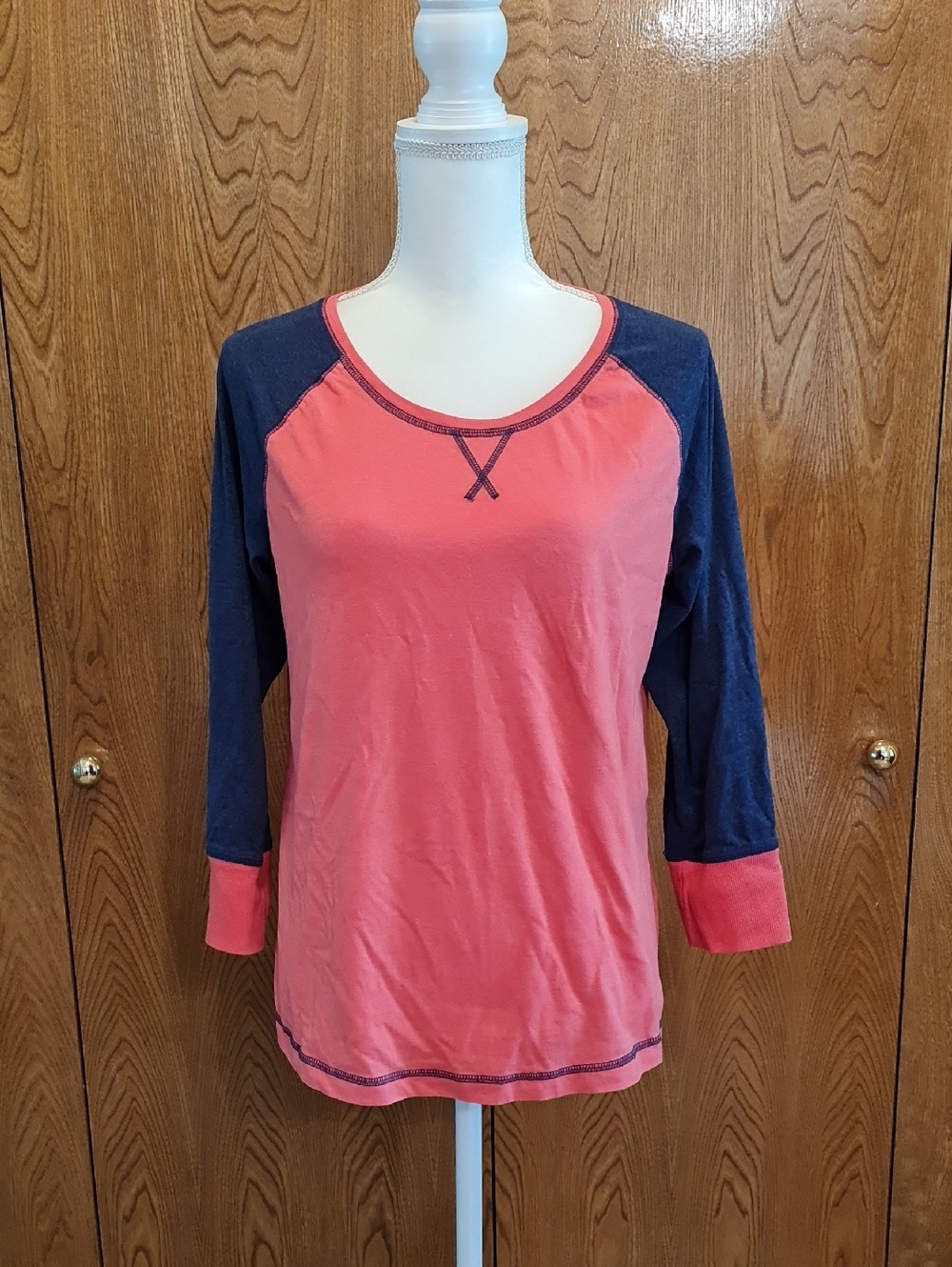 Kenneth Cole Coral and Navy Raglan Long Sleeve Tee